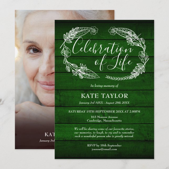 Green Wood Funeral Celebration of Life Photo  Invitation (Front/Back)