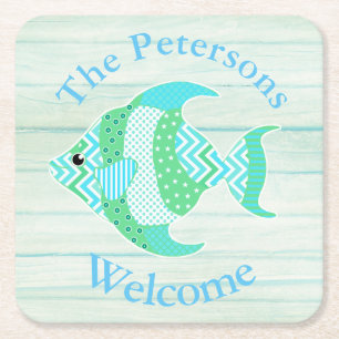 Green Wood Look Fish Custom Paper Coasters