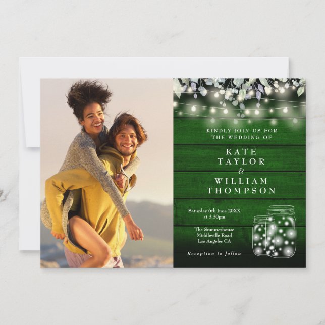 Green Wood String Lights Jars Floral Photo Wedding Invitation (Front)