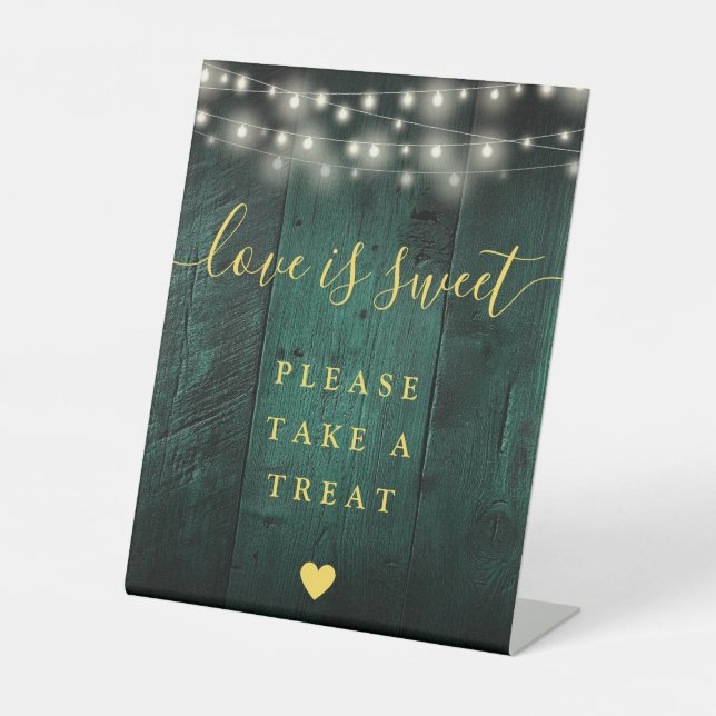 Green Wood String Lights Love Is Sweet Favour  Pedestal Sign (Front)