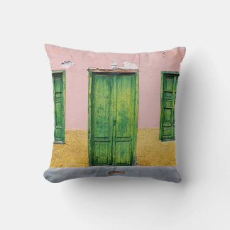 GREEN WOODEN DOOR ON WHITE CONCRETE WALL CUSHION