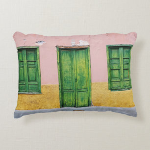 GREEN WOODEN DOOR ON WHITE CONCRETE WALL DECORATIVE CUSHION