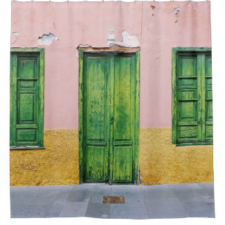 GREEN WOODEN DOOR ON WHITE CONCRETE WALL SHOWER CURTAIN