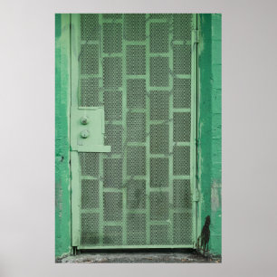 GREEN WOODEN DOOR WITH GREEN STEEL DOOR LEVER POSTER