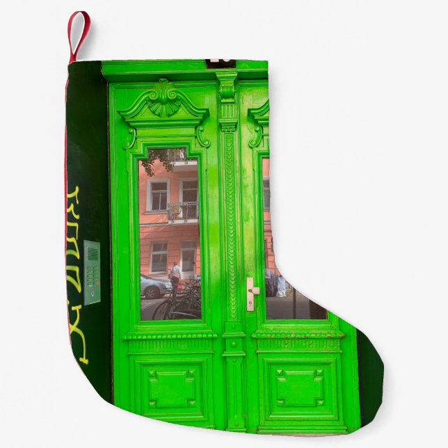 GREEN WOODEN GLASS DOOR SMALL CHRISTMAS STOCKING (Front)