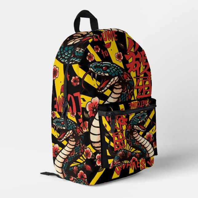 Green wooden snake anime style - Chinese New Year Printed Backpack (Back Corner Left)