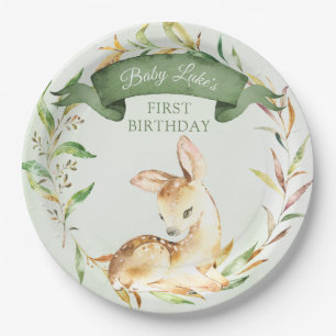 Green Woodland Baby Deer Custom First Birthday Paper Plate