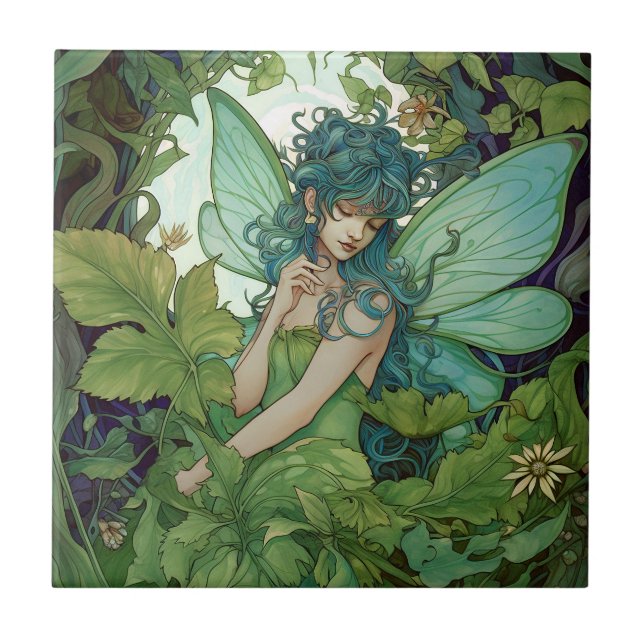 Green Woodland Fairy Fantasy Art Ceramic Tile (Front)