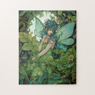 Green Woodland Fairy Fantasy Art Jigsaw Puzzle