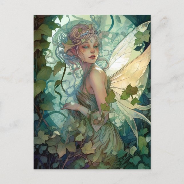 Green Woodland Fairy Fantasy Art Postcard (Front)