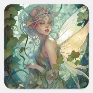 Green Woodland Fairy Fantasy Art Square Sticker