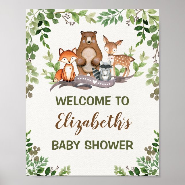 Green Woodland Forest Baby Animals Welcome Poster (Front)
