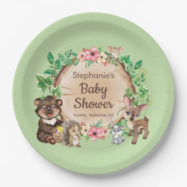 Green Woodland Rustic Animal Neutral Baby Shower  Paper Plate (Front)