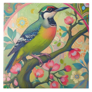 Green Woodpecker Bird Oriental Asian Pink Floral Ceramic Tile