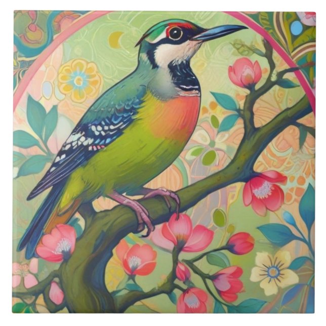 Green Woodpecker Bird Oriental Asian Pink Floral Ceramic Tile (Front)