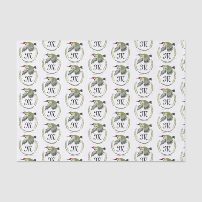 Green Woodpecker in Flight Monogram Tissue Paper (Front)