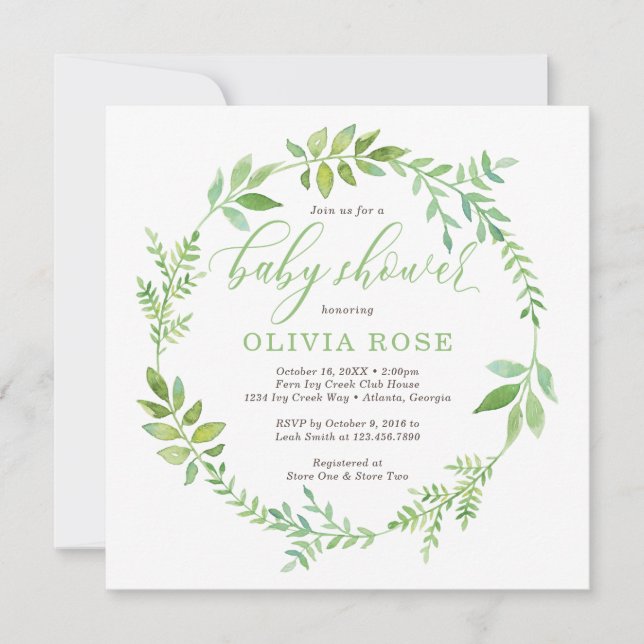 Green Wreath Baby Shower Invitation, BOHO Invitation (Front)