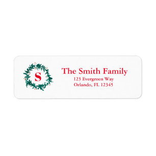 Green Wreath Christmas Monogram Return Address Label