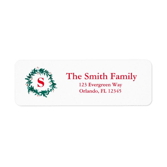 Green Wreath Christmas Monogram Return Address Label (Front)