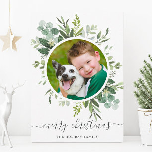 Green Wreath Custom Text Holiday Photo Card