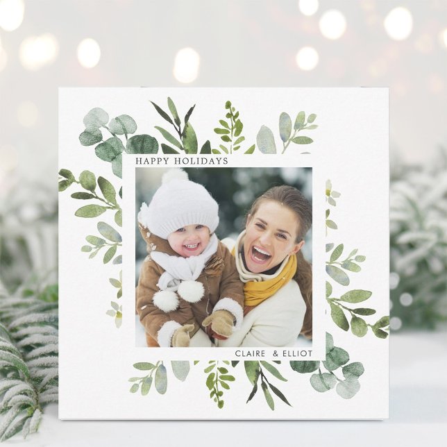 Green Wreath Custom Text Holiday Photo Square Card (Creator Uploaded)