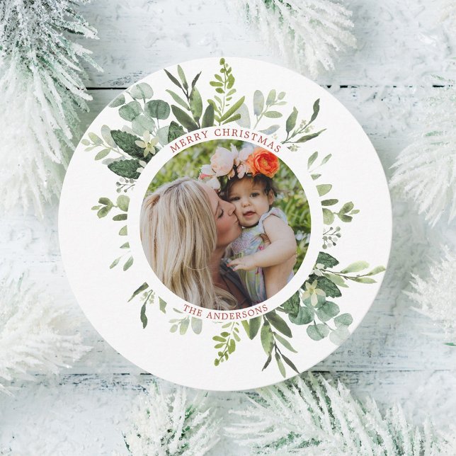 Green Wreath Custom Text Photo Circle Holiday Card (Creator Uploaded)