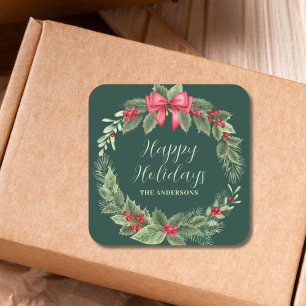 Green Wreath Personalised Christmas Square Sticker