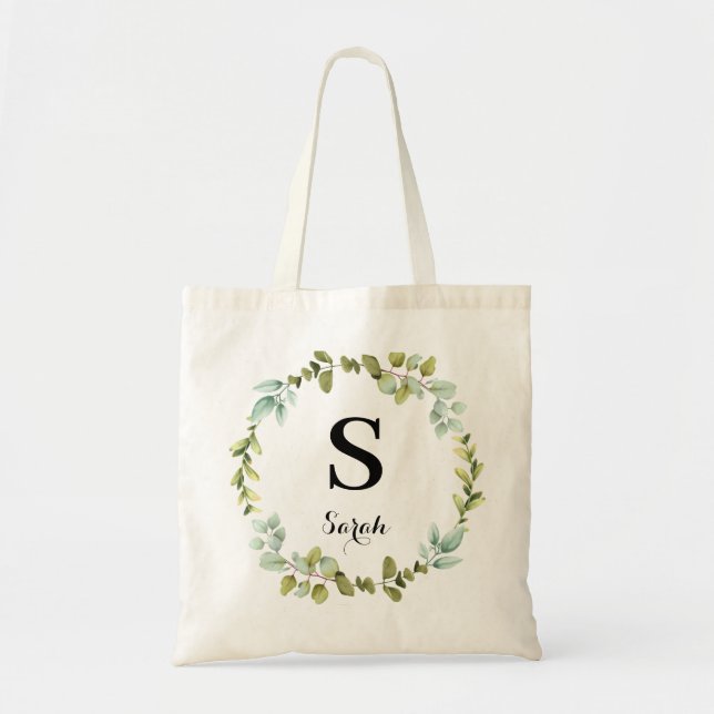 Green Wreath Personalised Monogrammed Tote Bag (Front)