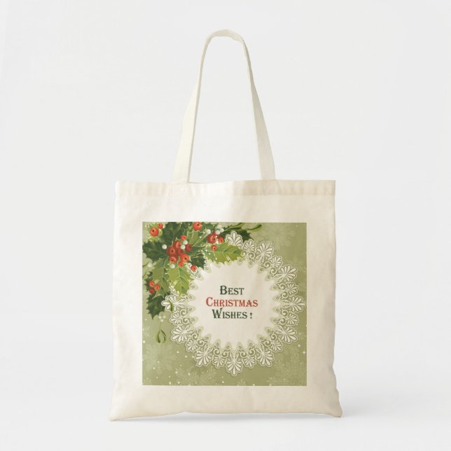 Green Wreath Red Berries- Christmas Tote Bag (Front)