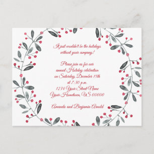 Green Wreath Red Berries Holiday Party Invitation Postcard