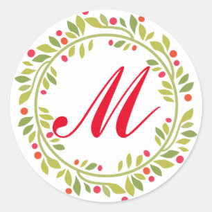 Green Wreath Red Monogram Holiday Classic Round Sticker