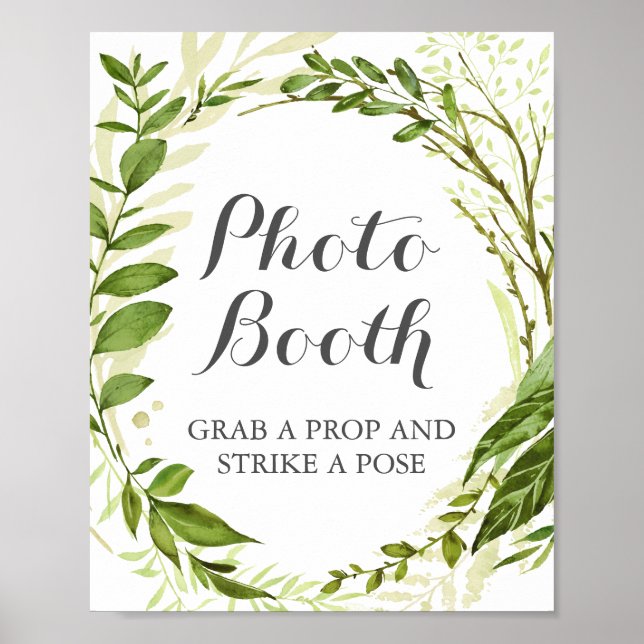 Green Wreath Wedding Photo Booth Sign, Rustic Leaf Poster (Front)