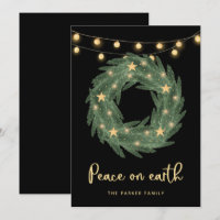 Green Wreath with Gold String Lights on Black
