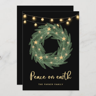 Green Wreath with Gold String Lights on Black Holiday Card