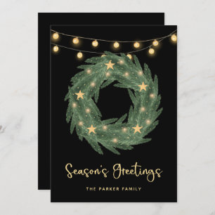 Green Wreath with Gold String Lights on Black Holiday Card