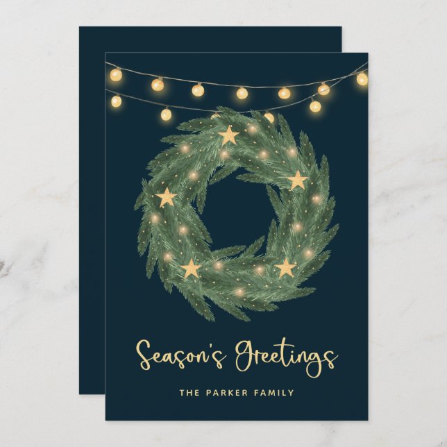 Green Wreath with Gold String Lights on Blue Holiday Card (Front/Back)