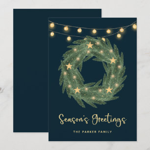 Green Wreath with Gold String Lights on Blue Holiday Card