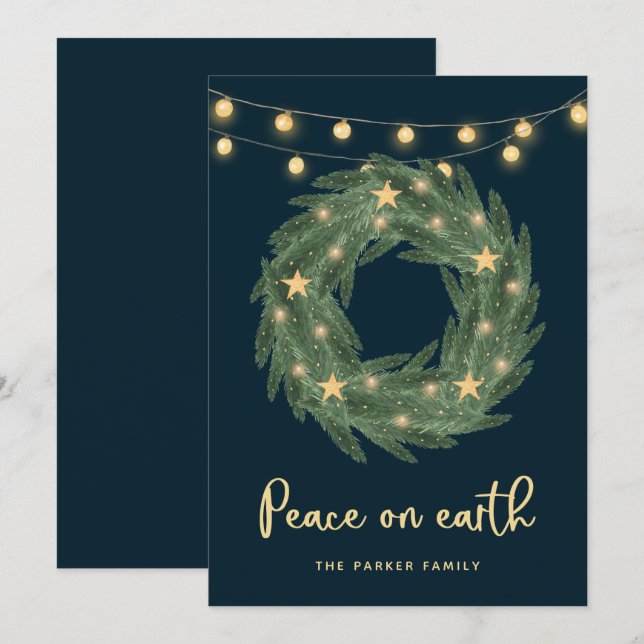 Green Wreath with Gold String Lights on Blue Holiday Card (Front/Back)