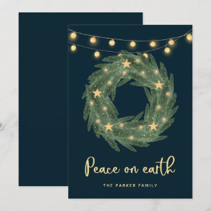 Green Wreath with Gold String Lights on Blue Holiday Card