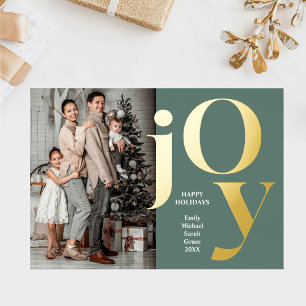 Green Xmas Vertical Family Photo Names Joy Gold  Foil Holiday Card