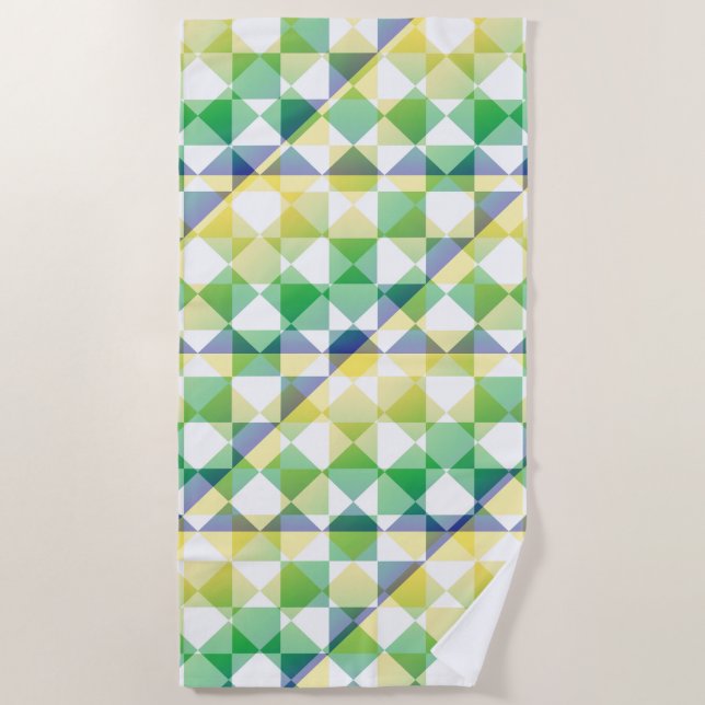 Green Yellow Abstract Chequered Square Pattern Beach Towel (Front)