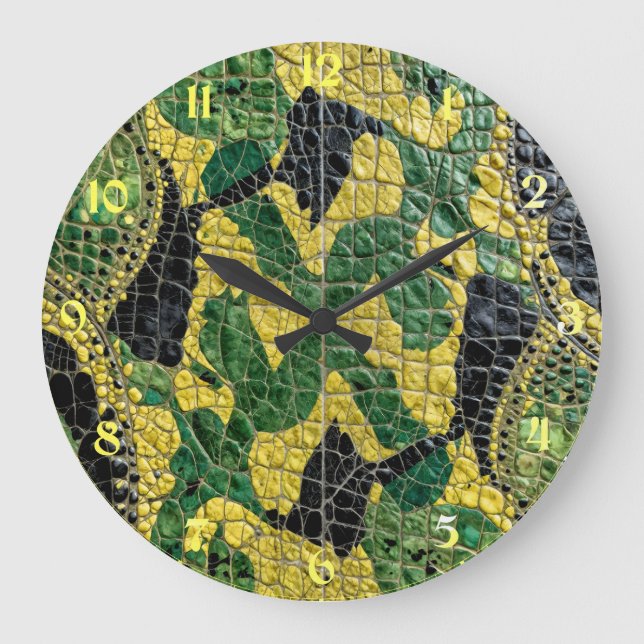 Green Yellow Alligator Crocodile Dragon Leather Large Clock (Front)