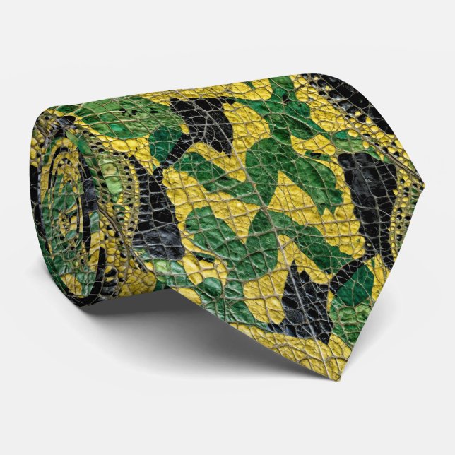 Green Yellow Alligator Crocodile Dragon Leather Tie (Rolled)