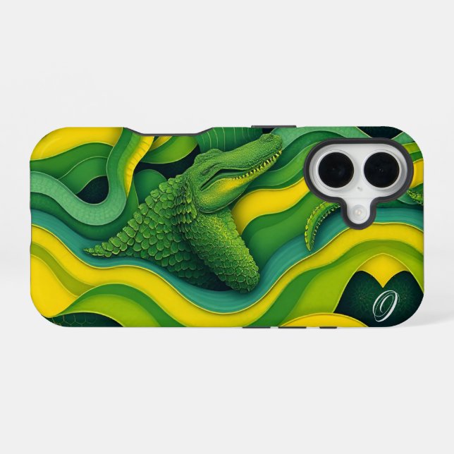 Green Yellow Alligator Crocodile Dragon Monogram  iPhone 16 Case (Back Horizontal)