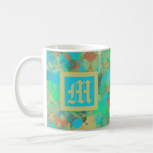 Green, yellow and blue drops abstract monogram coffee mug