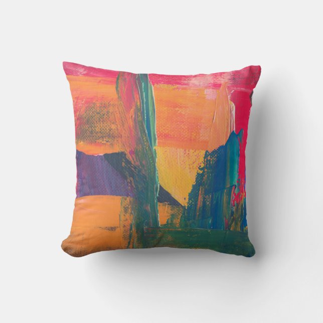 Green, yellow, and red abstract painting cushion (Front)