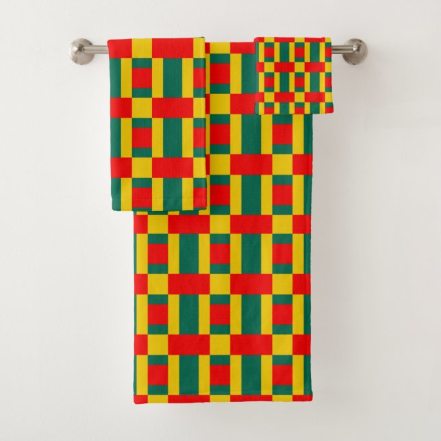 Green Yellow And Red Colour Block Print Bath Towel Set (Insitu)