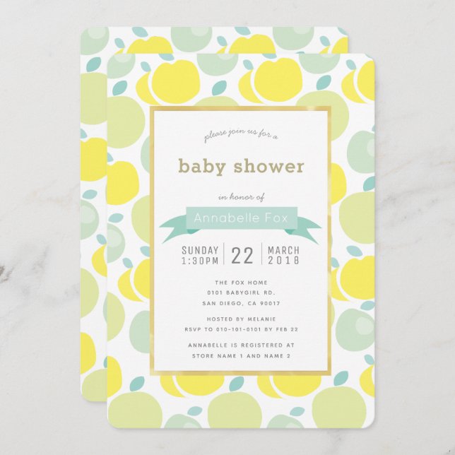 Green Yellow Apple Pattern Baby Shower Invitation (Front/Back)
