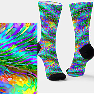 Green Yellow Aqua Red Windy Leafy Abstract Swirls Socks