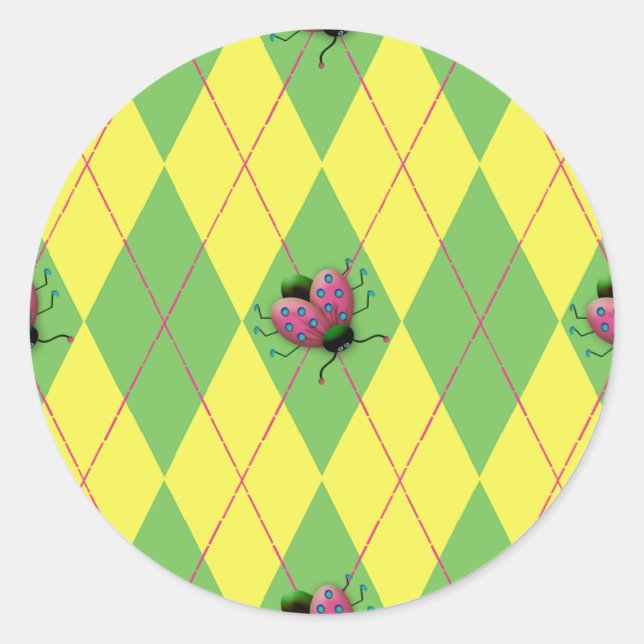 Green & Yellow Argyle Ladybug Classic Round Sticker (Front)